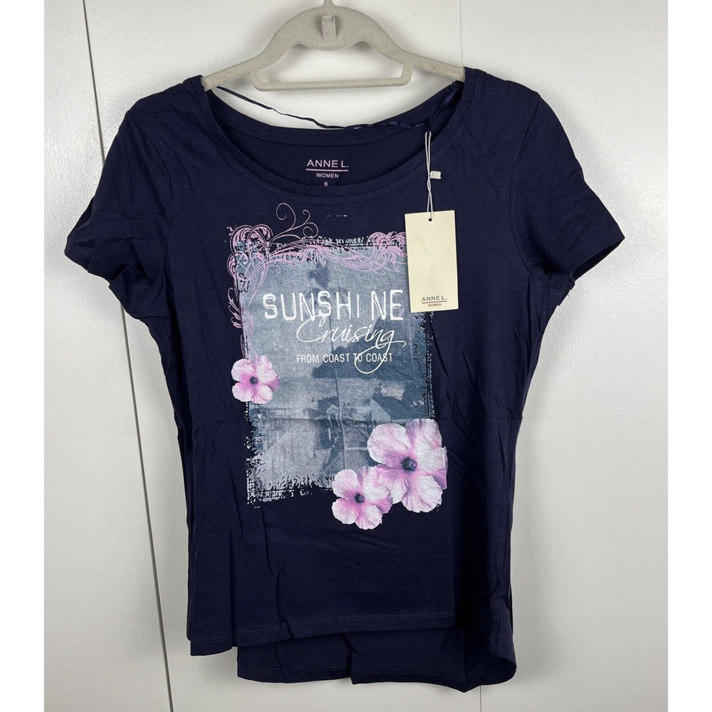 Anne L T Shirt Womens Short Sleeve Cruise Ship Graphic Top Blue Large Cotton